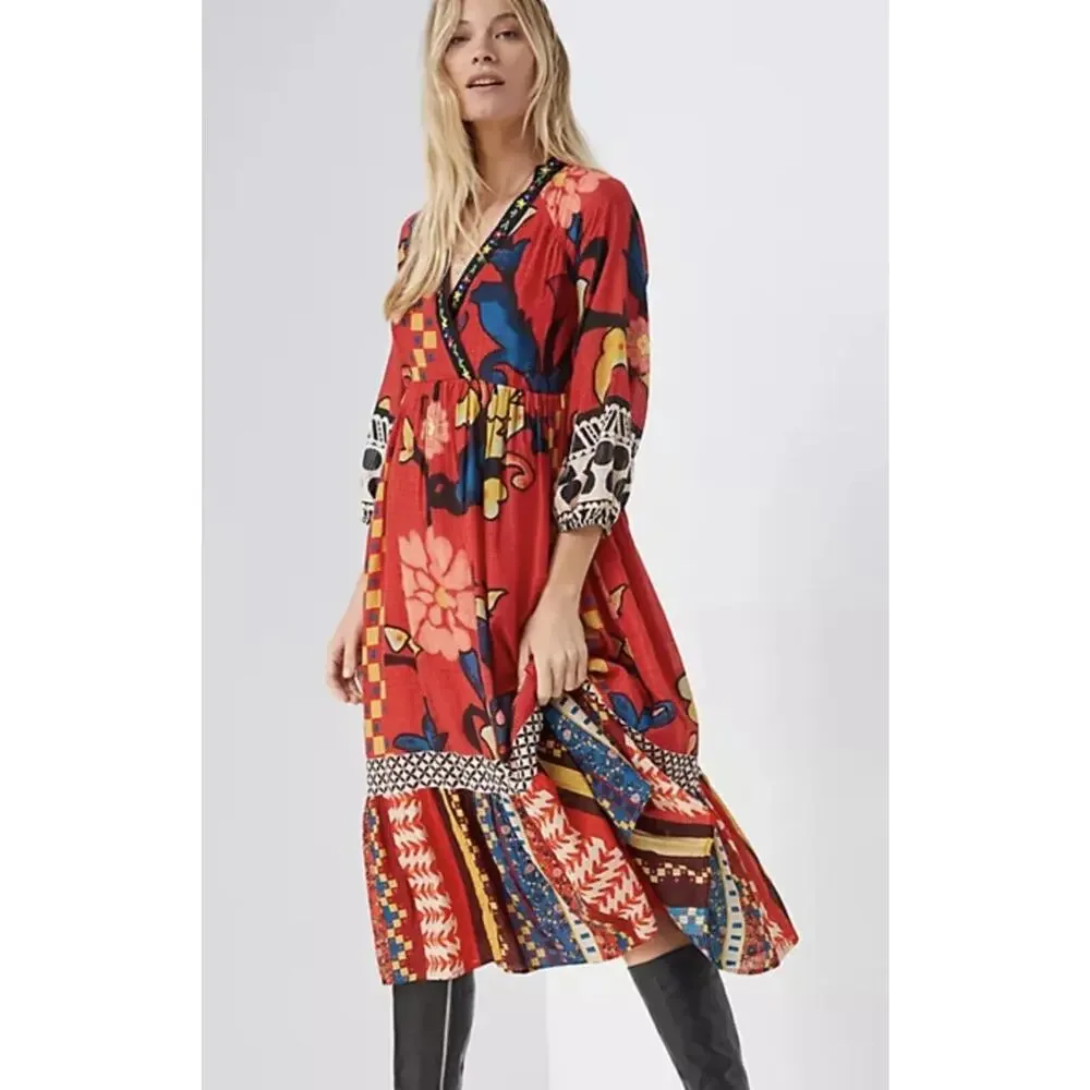 Anthropologie Verb by Pallavi Singhee Womens Red Floral Cayenne Midi Dress 10P - Picture 1 of 12